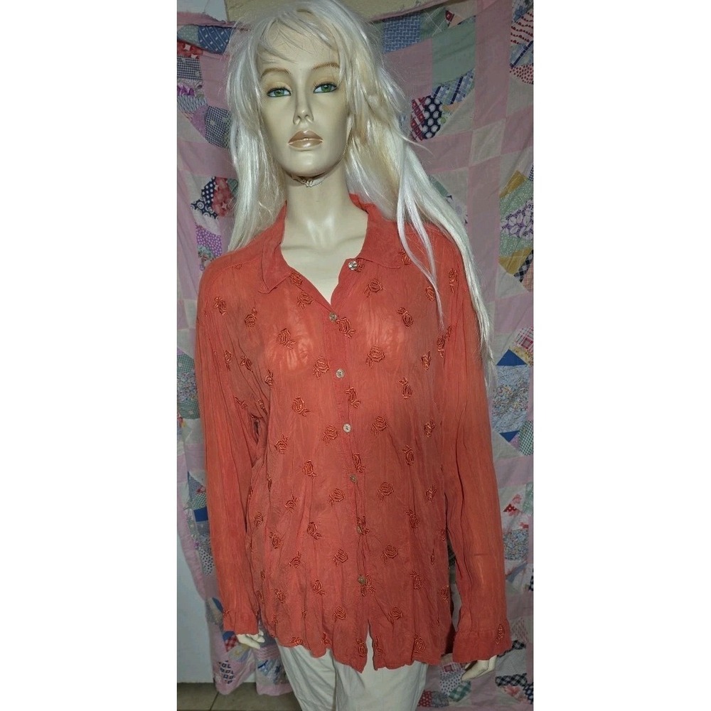 Johnny Was Boho Long Sleeve Peach Floral Embroidered Button Down‎ Shirt Medium